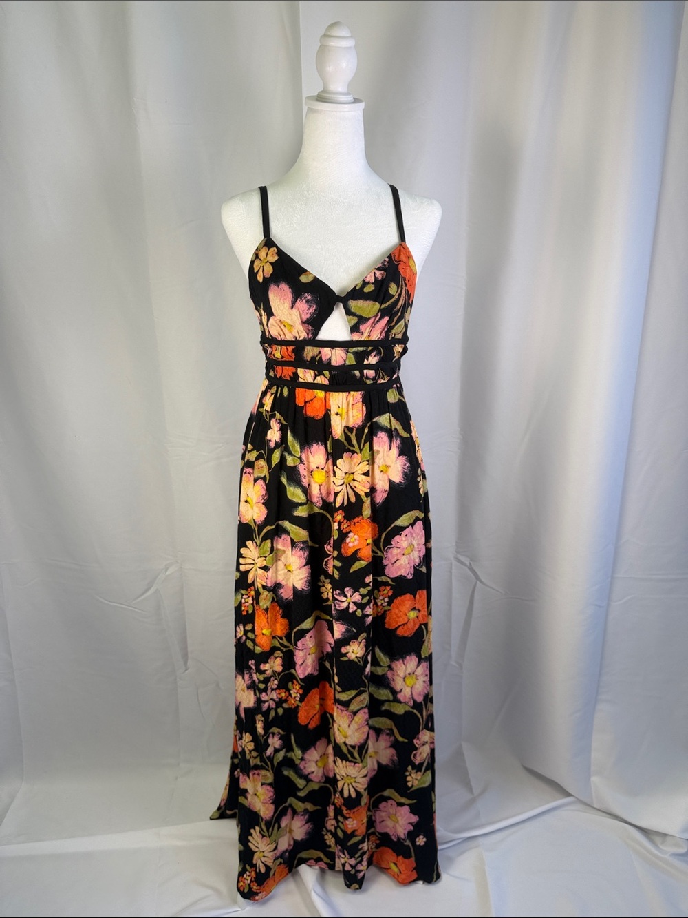 Free People Black Maxi Dress with Pink & Orange Floral Print